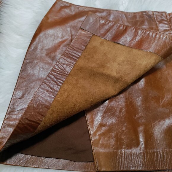 Hugo Buscati100% Leather Antique 70s Style Brown A-Line Wrap Mini Skirt Size 6 - Picture 16 of 16
